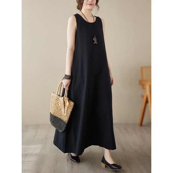 Solid Color Loose Sleeveless Round-Neck Midi Dresses