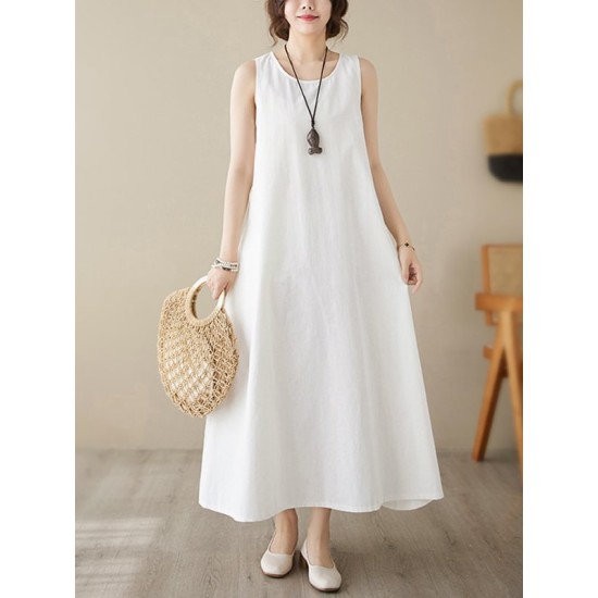 Solid Color Loose Sleeveless Round-Neck Midi Dresses