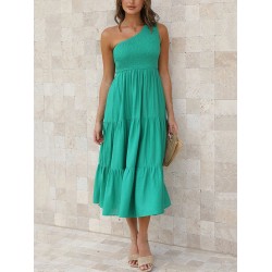 Pleated Solid Color Loose One-shoulder Midi Dresses