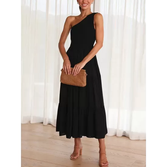 Pleated Solid Color Loose One-shoulder Midi Dresses