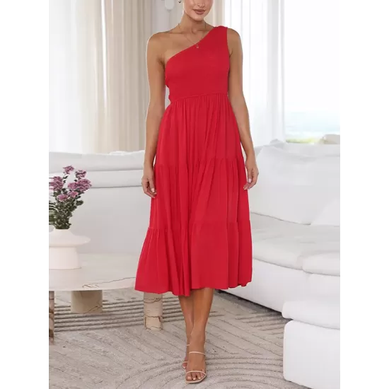 Pleated Solid Color Loose One-shoulder Midi Dresses