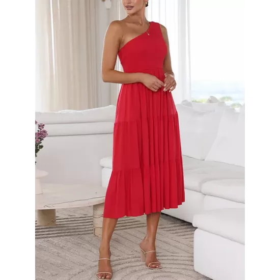 Pleated Solid Color Loose One-shoulder Midi Dresses