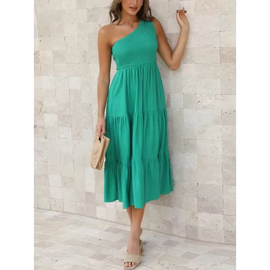 Pleated Solid Color Loose One-shoulder Midi Dresses