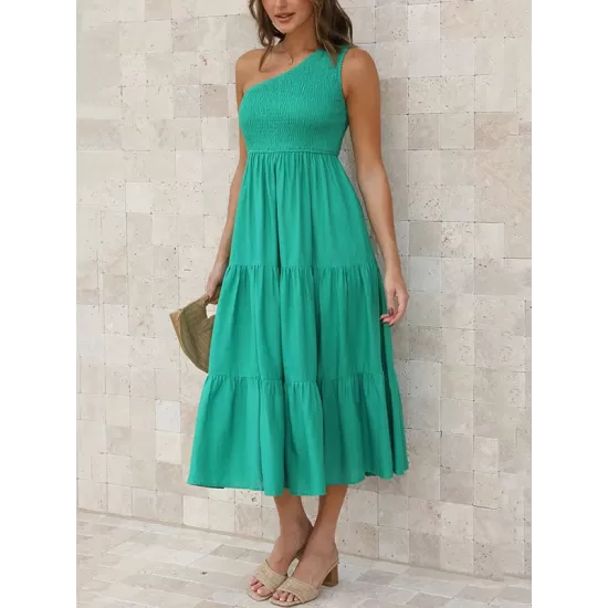 Pleated Solid Color Loose One-shoulder Midi Dresses