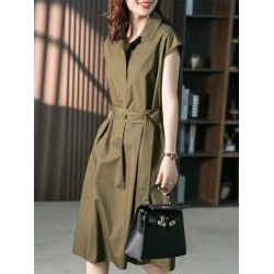 Bandage Solid Color Plus Size Short Sleeves Lapel Midi Dresses