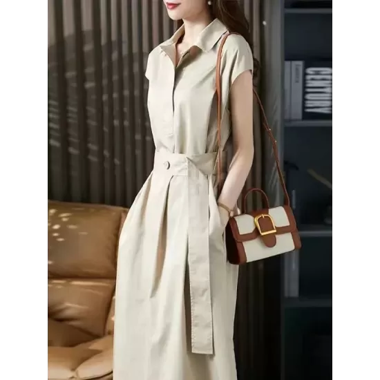 Bandage Solid Color Plus Size Short Sleeves Lapel Midi Dresses