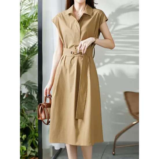 Bandage Solid Color Plus Size Short Sleeves Lapel Midi Dresses