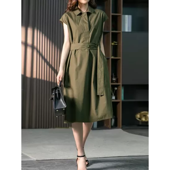 Bandage Solid Color Plus Size Short Sleeves Lapel Midi Dresses