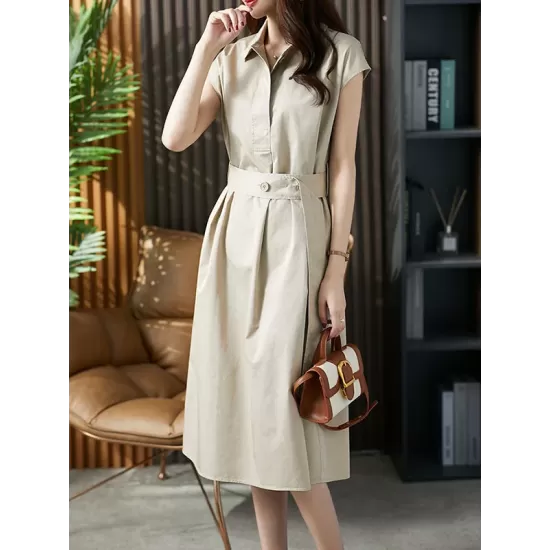 Bandage Solid Color Plus Size Short Sleeves Lapel Midi Dresses