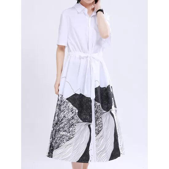 Contrast Color Drawstring Printed Tied Waist Loose Short Sleeves Lapel Shirt Dress Midi Dresses