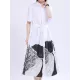 Contrast Color Drawstring Printed Tied Waist Loose Short Sleeves Lapel Shirt Dress Midi Dresses