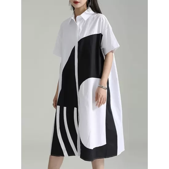 Asymmetric Contrast Color Split-Joint Loose Short Sleeves Lapel Shirt Dress Midi Dresses