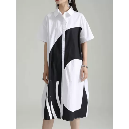 Asymmetric Contrast Color Split-Joint Loose Short Sleeves Lapel Shirt Dress Midi Dresses