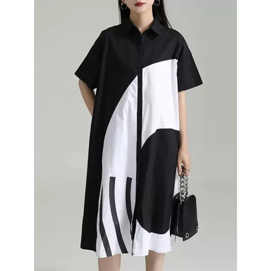 Asymmetric Contrast Color Split-Joint Loose Short Sleeves Lapel Shirt Dress Midi Dresses