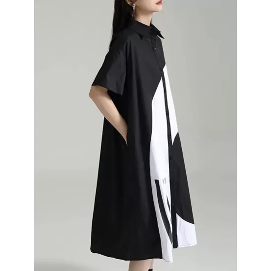 Asymmetric Contrast Color Split-Joint Loose Short Sleeves Lapel Shirt Dress Midi Dresses