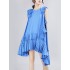 Asymmetric Pleated Solid Color Split-Joint Flying Sleeves Loose Round-Neck Midi Dresses