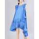 Asymmetric Pleated Solid Color Split-Joint Flying Sleeves Loose Round-Neck Midi Dresses