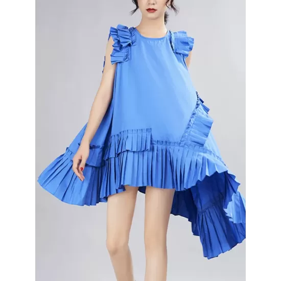 Asymmetric Pleated Solid Color Split-Joint Flying Sleeves Loose Round-Neck Midi Dresses