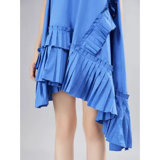 Asymmetric Pleated Solid Color Split-Joint Flying Sleeves Loose Round-Neck Midi Dresses