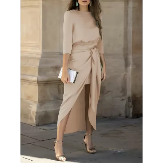 Bandage Solid Color Split-Side Loose Round-Neck Midi Dresses