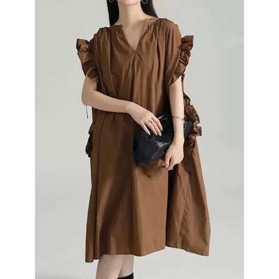 Drawstring Falbala Pleated Solid Color Batwing Sleeves Loose V-Neck Shirt Dress Midi Dresses