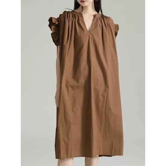 Drawstring Falbala Pleated Solid Color Batwing Sleeves Loose V-Neck Shirt Dress Midi Dresses