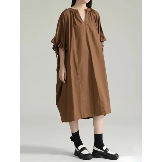 Drawstring Falbala Pleated Solid Color Batwing Sleeves Loose V-Neck Shirt Dress Midi Dresses