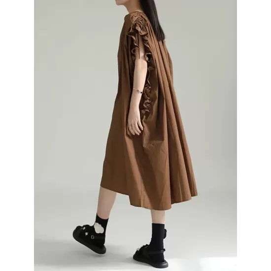 Drawstring Falbala Pleated Solid Color Batwing Sleeves Loose V-Neck Shirt Dress Midi Dresses