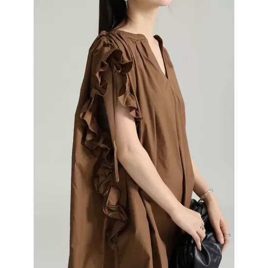 Drawstring Falbala Pleated Solid Color Batwing Sleeves Loose V-Neck Shirt Dress Midi Dresses