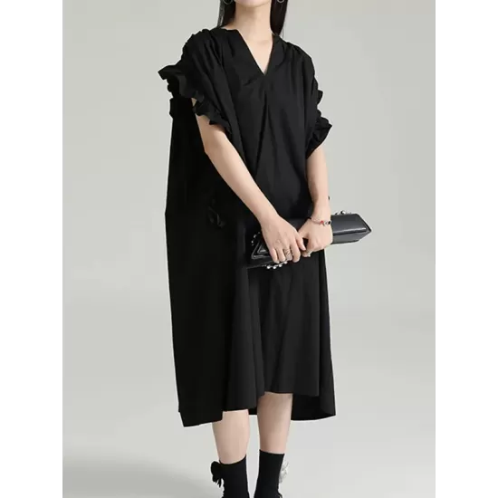 Drawstring Falbala Pleated Solid Color Batwing Sleeves Loose V-Neck Shirt Dress Midi Dresses