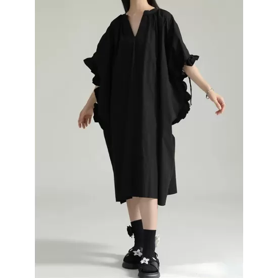 Drawstring Falbala Pleated Solid Color Batwing Sleeves Loose V-Neck Shirt Dress Midi Dresses