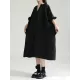 Drawstring Falbala Pleated Solid Color Batwing Sleeves Loose V-Neck Shirt Dress Midi Dresses