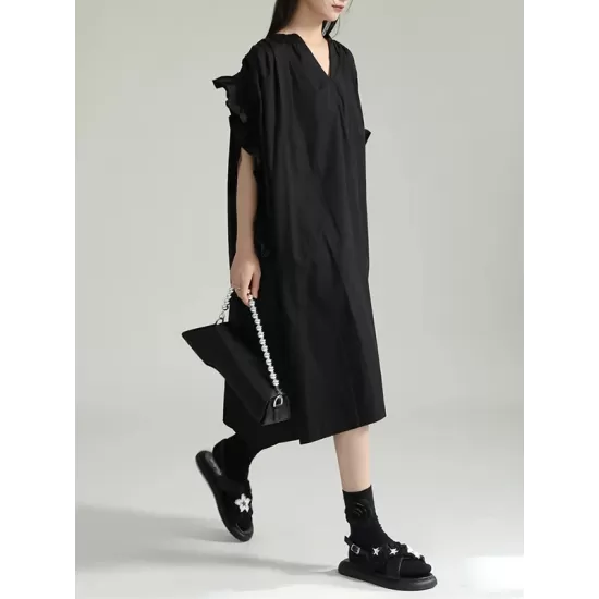 Drawstring Falbala Pleated Solid Color Batwing Sleeves Loose V-Neck Shirt Dress Midi Dresses