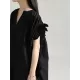 Drawstring Falbala Pleated Solid Color Batwing Sleeves Loose V-Neck Shirt Dress Midi Dresses