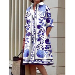 Long Sleeves Floral Printed Lapel Midi Dresses