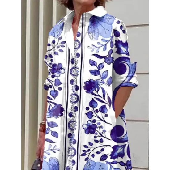 Long Sleeves Floral Printed Lapel Midi Dresses