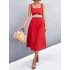 Pleated Solid Color Split-Joint High Waisted Sleeveless U-Neck Midi Dresses