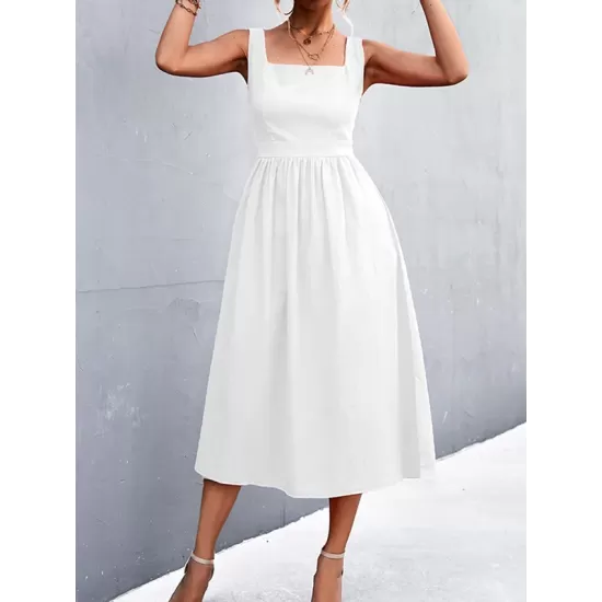 Pleated Solid Color Split-Joint High Waisted Sleeveless U-Neck Midi Dresses