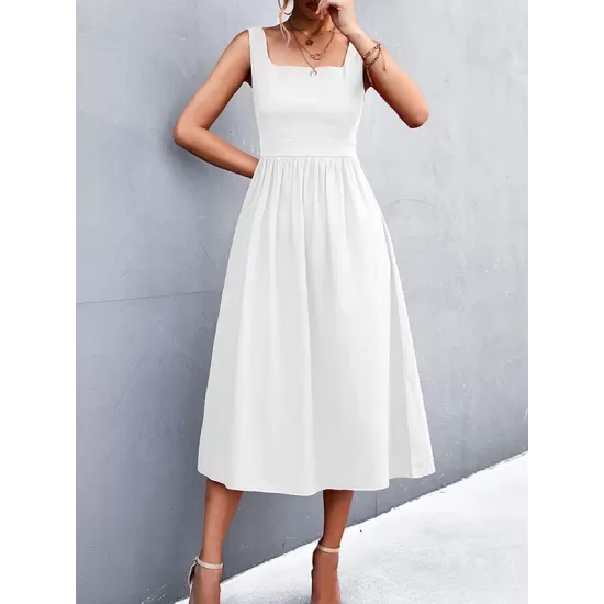 Pleated Solid Color Split-Joint High Waisted Sleeveless U-Neck Midi Dresses