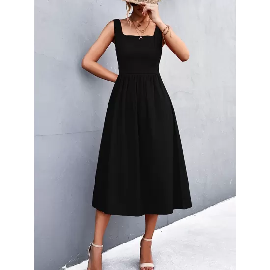 Pleated Solid Color Split-Joint High Waisted Sleeveless U-Neck Midi Dresses