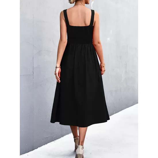 Pleated Solid Color Split-Joint High Waisted Sleeveless U-Neck Midi Dresses