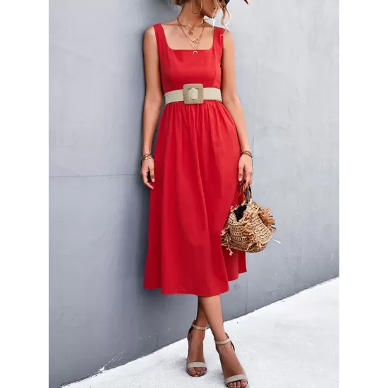 Pleated Solid Color Split-Joint High Waisted Sleeveless U-Neck Midi Dresses