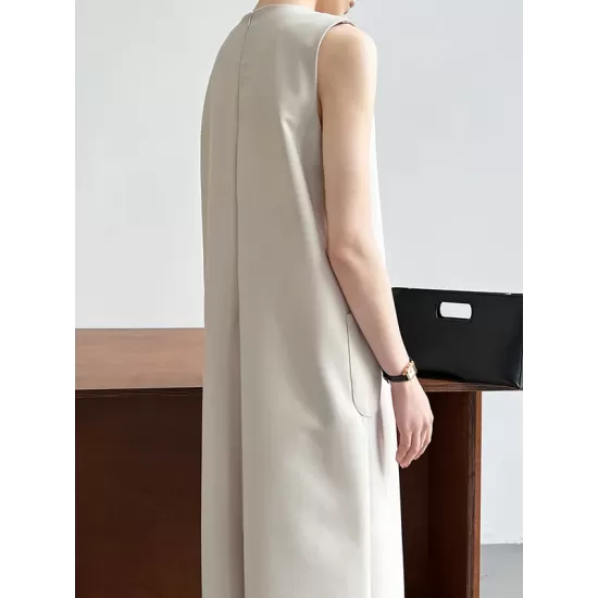 Solid Color Loose Sleeveless Round-Neck Midi Dresses