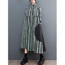 Buttoned Split-Joint Striped Long Sleeves Loose Mock Neck Midi Dresses