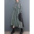 Buttoned Split-Joint Striped Long Sleeves Loose Mock Neck Midi Dresses