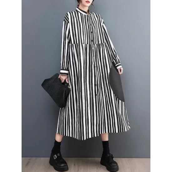 Buttoned Split-Joint Striped Long Sleeves Loose Mock Neck Midi Dresses