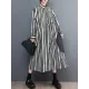 Buttoned Split-Joint Striped Long Sleeves Loose Mock Neck Midi Dresses