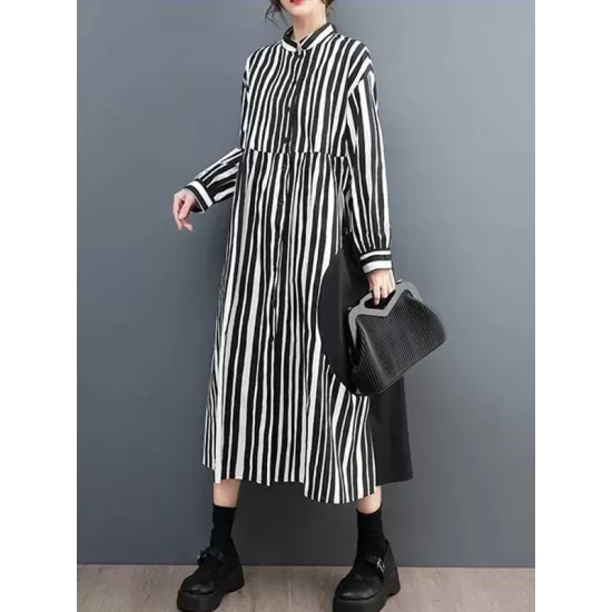 Buttoned Split-Joint Striped Long Sleeves Loose Mock Neck Midi Dresses