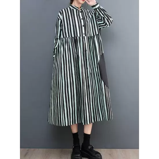 Buttoned Split-Joint Striped Long Sleeves Loose Mock Neck Midi Dresses