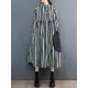 Buttoned Split-Joint Striped Long Sleeves Loose Mock Neck Midi Dresses